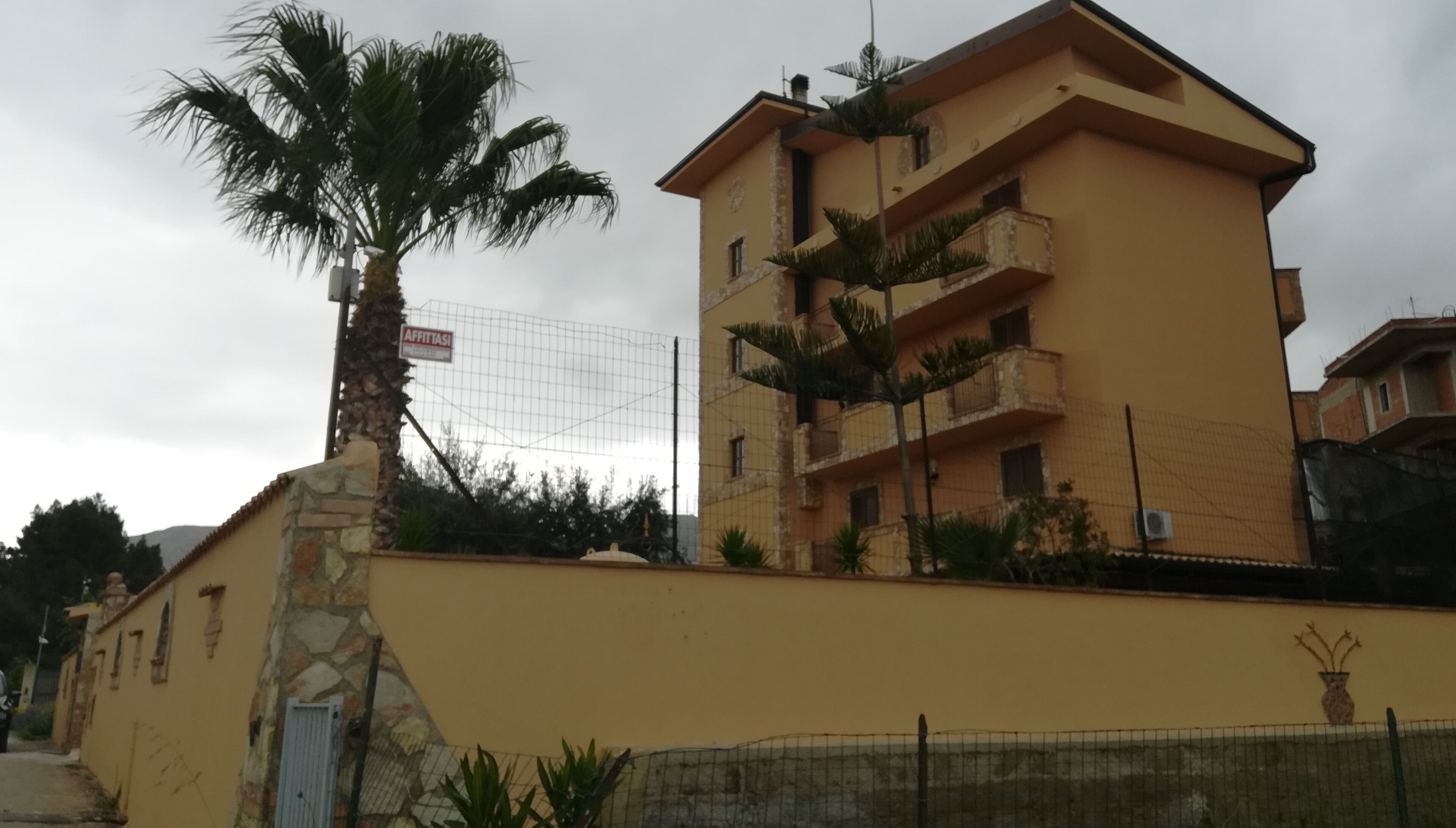 A multi-story building with balconies, a palm tree, and a sign that reads "AFFITASIO".