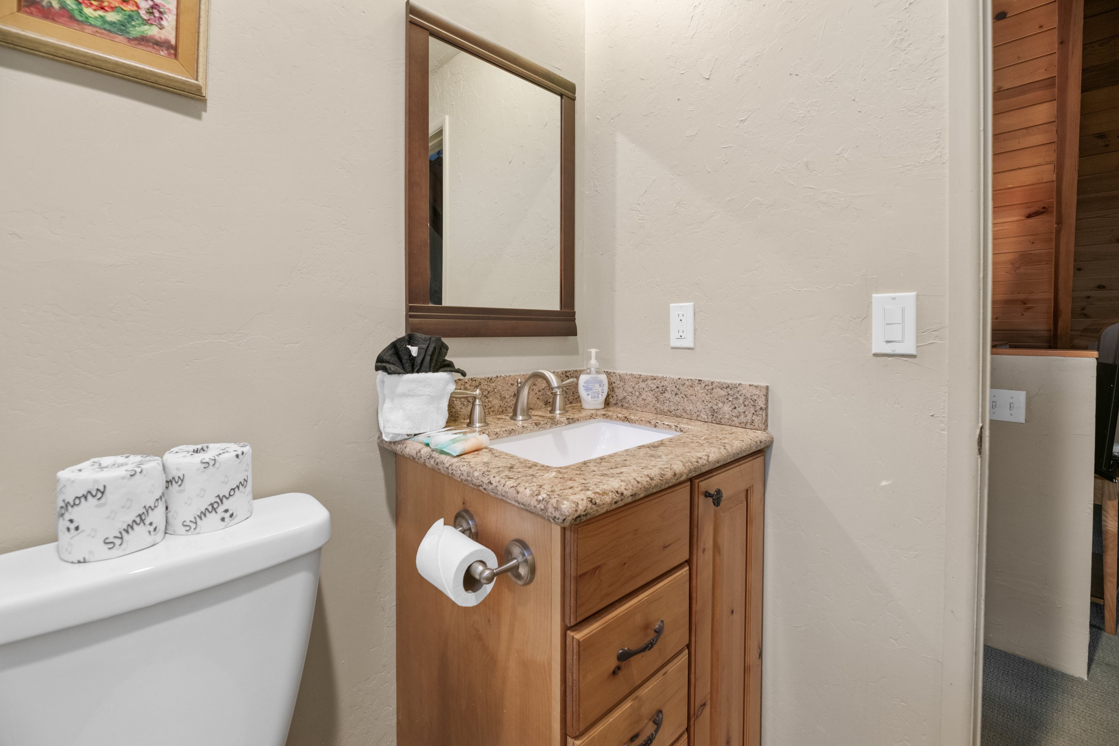 A bathroom with a white toilet, a wooden vanity with a sink, and a mirror above the vanity.