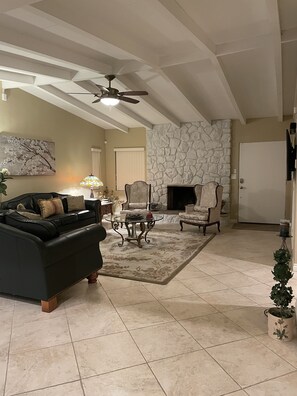 Smart TV, fireplace, video games, DVD player