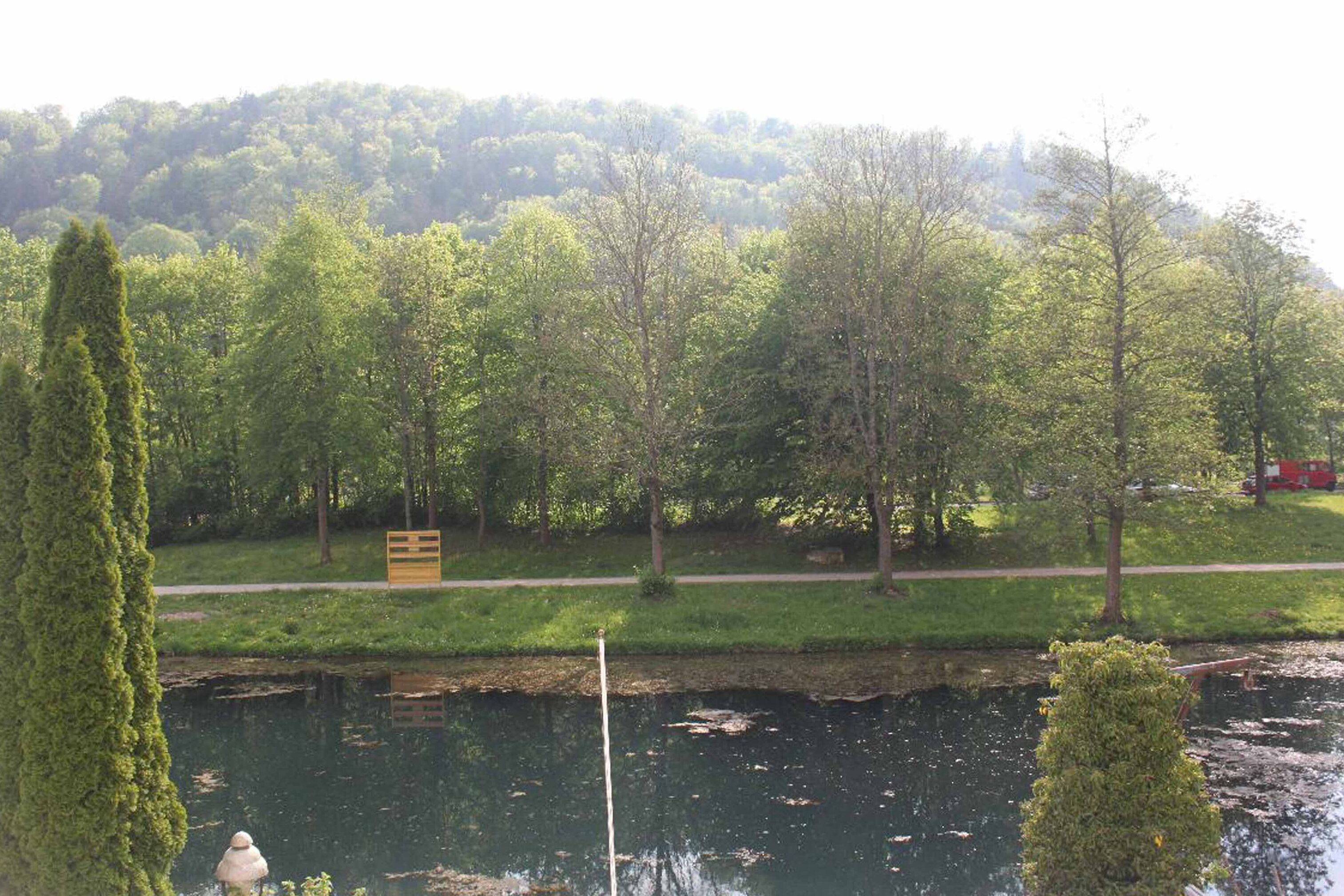 A serene park with a pond, trees, and a wooden bridge.