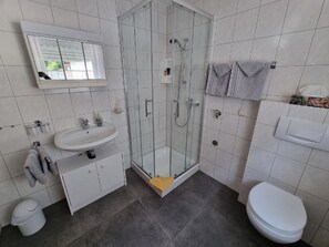 Une salle de bain moderne avec une douche à parois de verre, un lavabo avec un miroir au-dessus et des toilettes.
