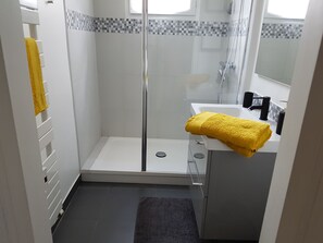 Hair dryer, towels, soap, toilet paper