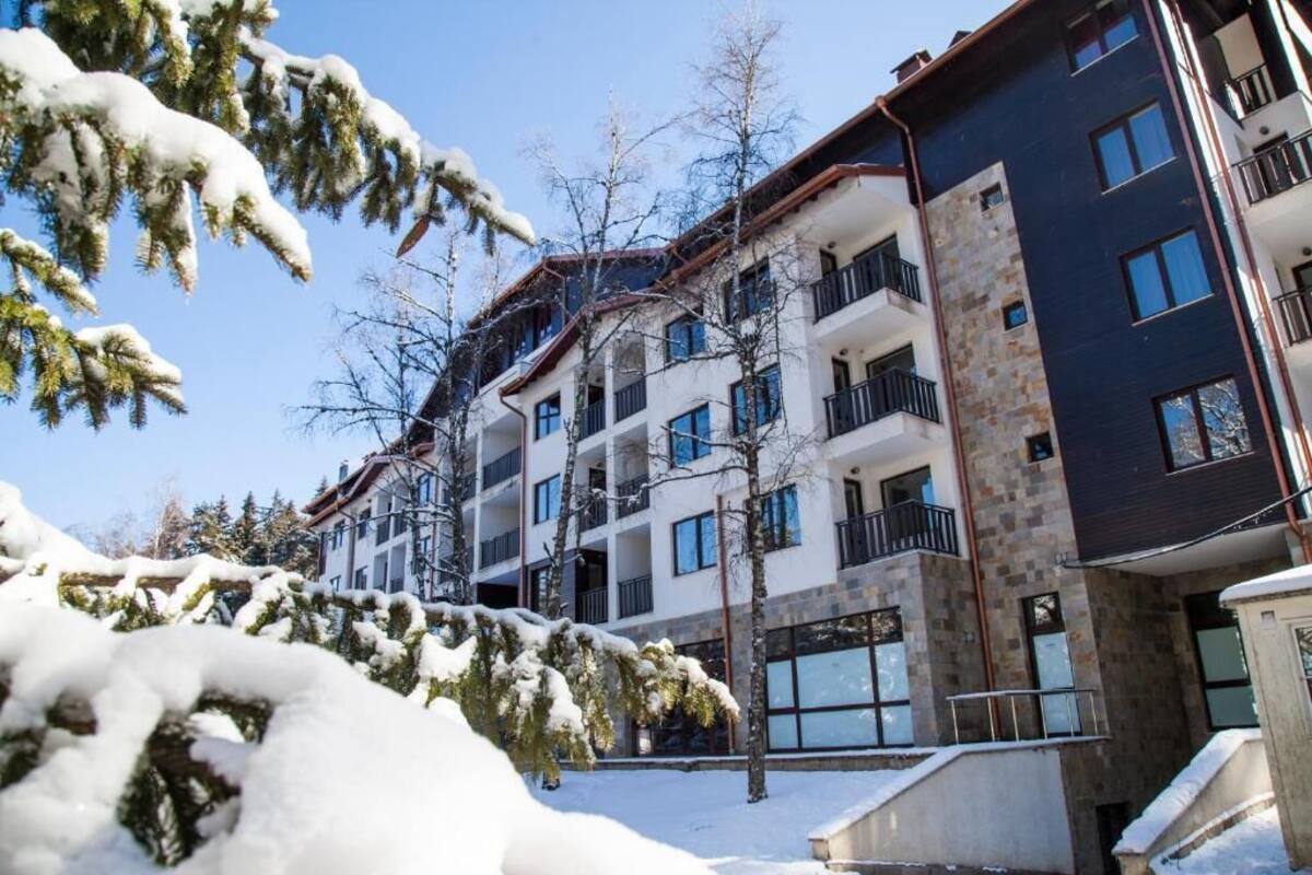 A multi-story building with balconies and large windows, surrounded by snow-covered trees.