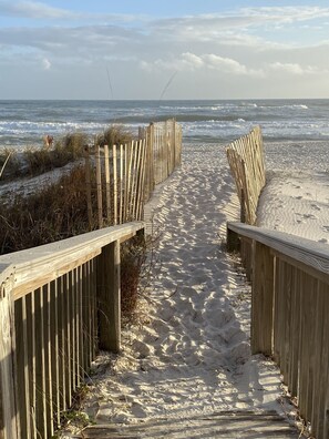 On the beach, sun-loungers