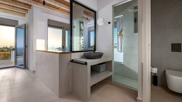 Combined shower/tub, hair dryer, towels