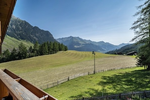 Vista de la montaña con una cabaña de madera, un campo cercado y montañas al fondo.