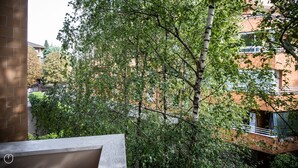 A view of a tree-lined courtyard with a brick wall and a building in the background.