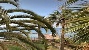 Un área junto a la piscina con palmeras, un puente y vista al mar.