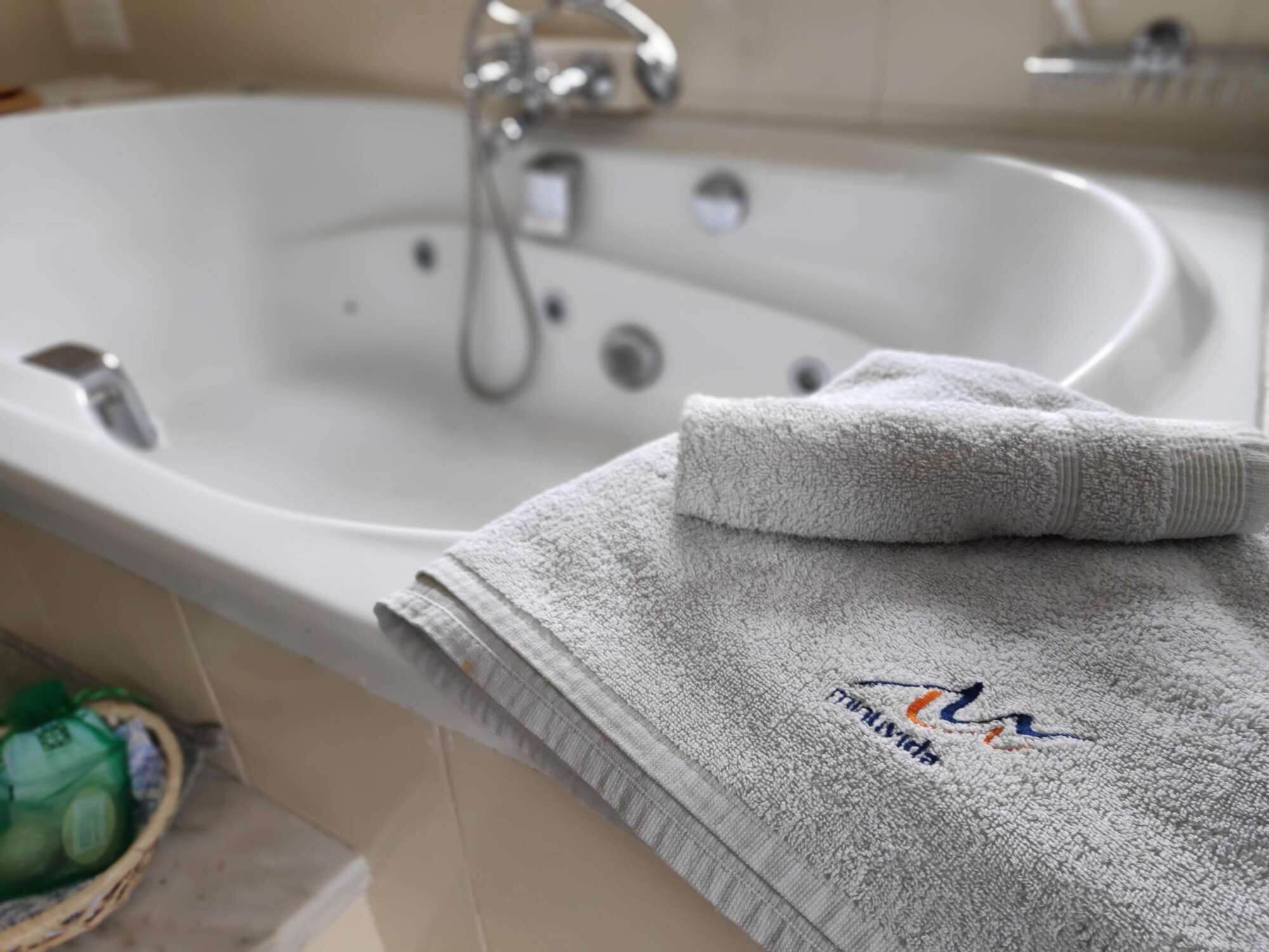 Combined shower/tub, hair dryer, towels