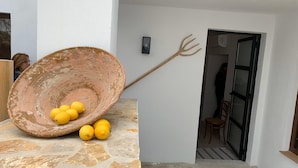 Un décor extérieur rustique, avec un grand saladier usé contenant des citrons, posé sur une étagère en pierre, une fourche en bois appuyée contre un mur et une porte qui mène à l’intérieur.