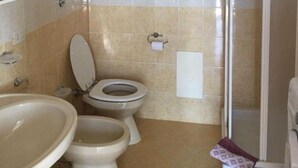 A bathroom with a toilet, sink, and shower area. - Residenze Cutrì Holiday Home Cilento Bilo 2 (Pisciotta)