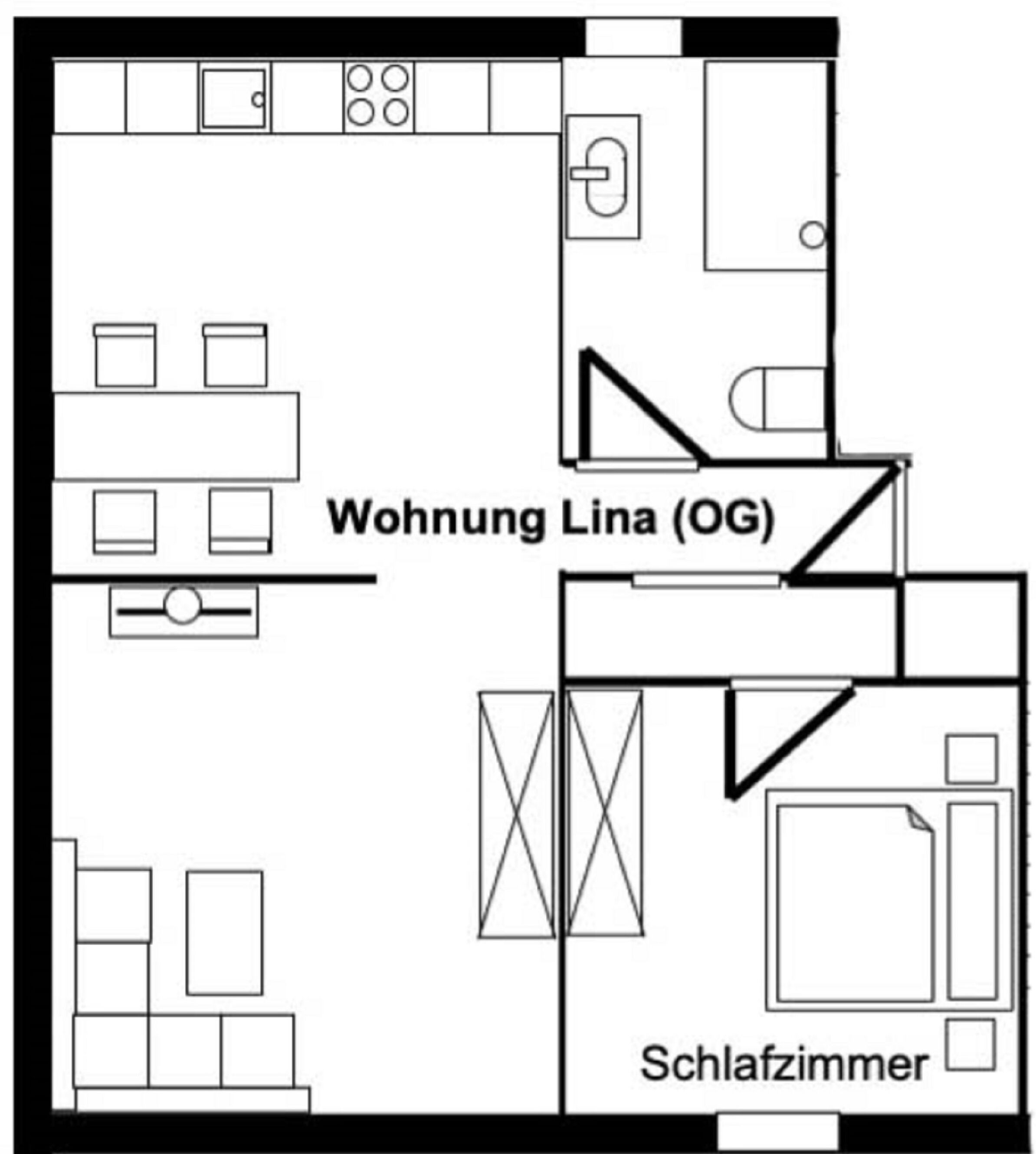 Un plan d’étage d’un appartement résidentiel comprenant une cuisine, une salle de bain et un salon.