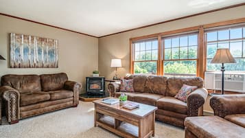 Smart TV, fireplace, DVD player, books