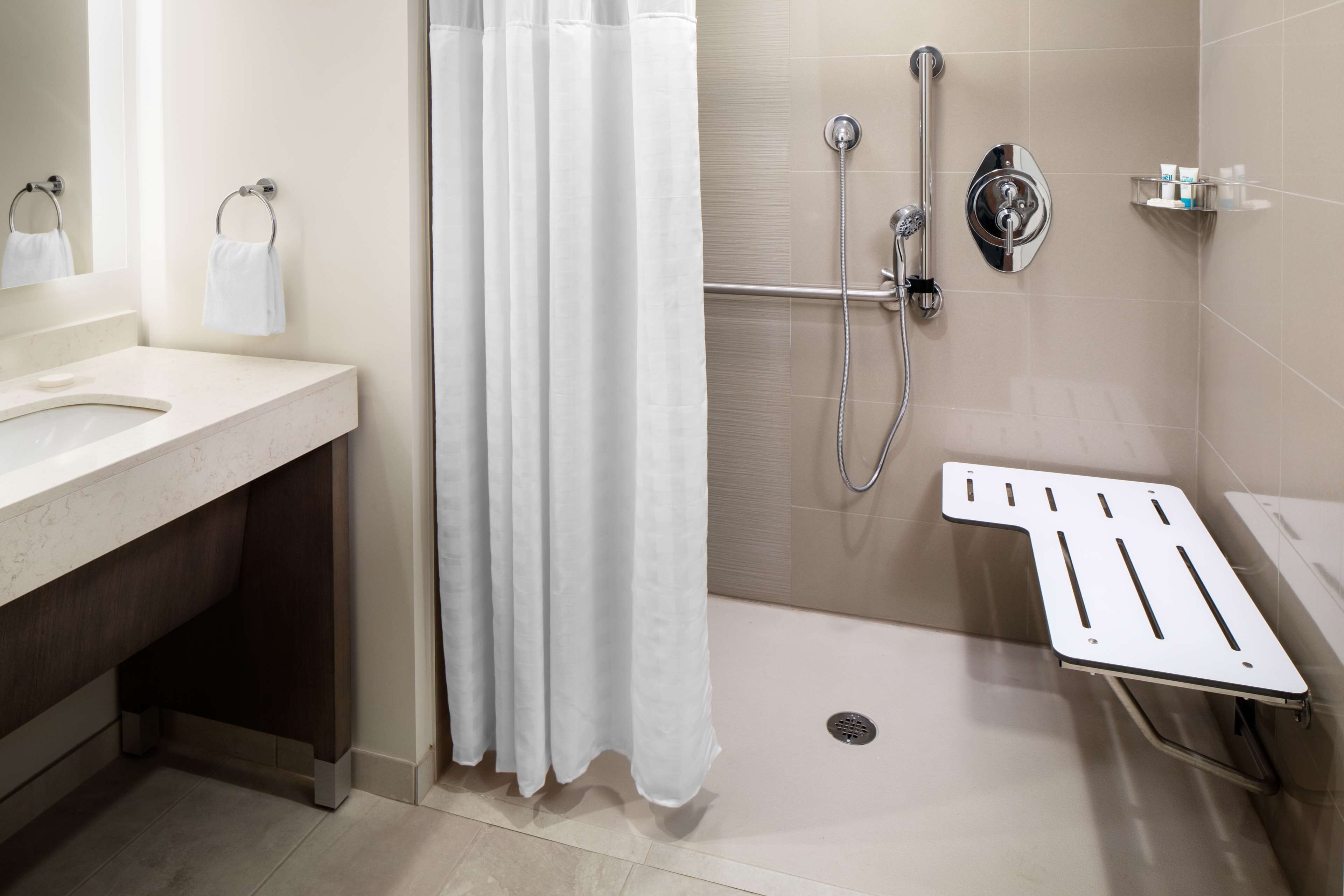 suite, 1 bedroom, accessible (roll-in shower) | bathroom | hair dryer, towels, soap, shampoo