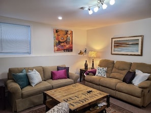 Smart TV, fireplace, books