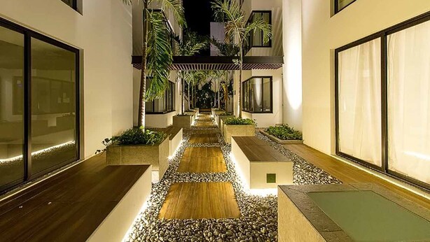 Un couloir d’hôtel moderne avec une allée centrale, bordé de jardinières et de palmiers, menant à une zone abritée.