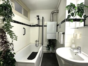 Combined shower/tub, hair dryer, towels, soap