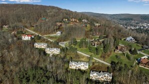 An aerial view of a residential area with houses surrounded by trees and hills.