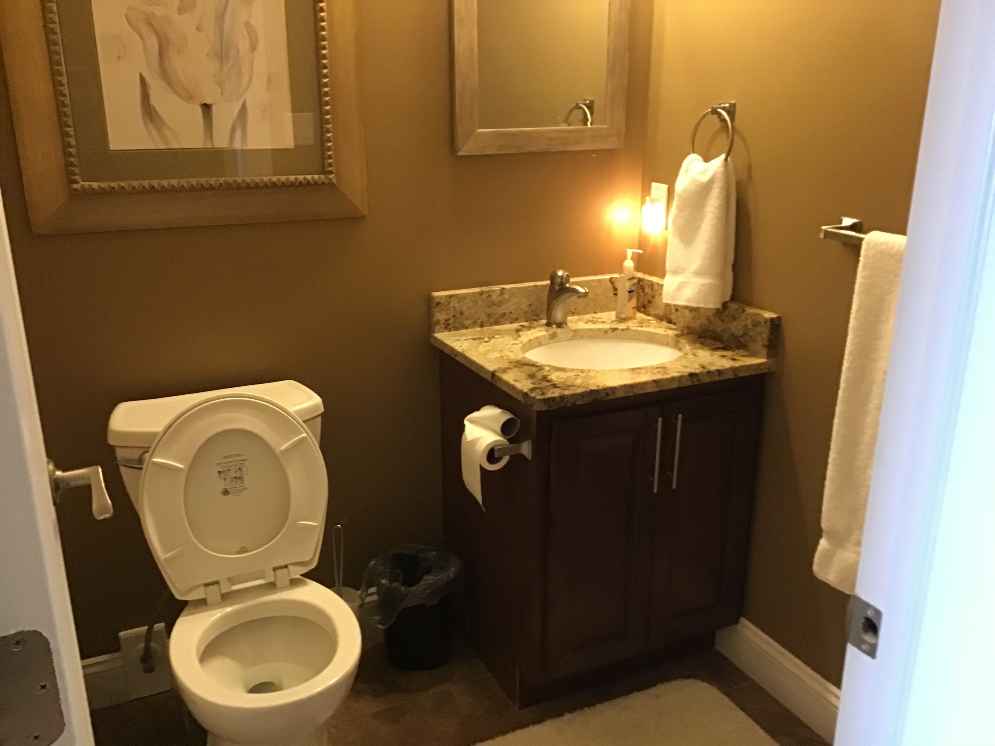 A bathroom with a toilet, sink, and mirror.