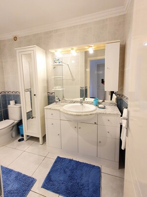 Dusche, Haartrockner, Handtücher, Toilettenpapier