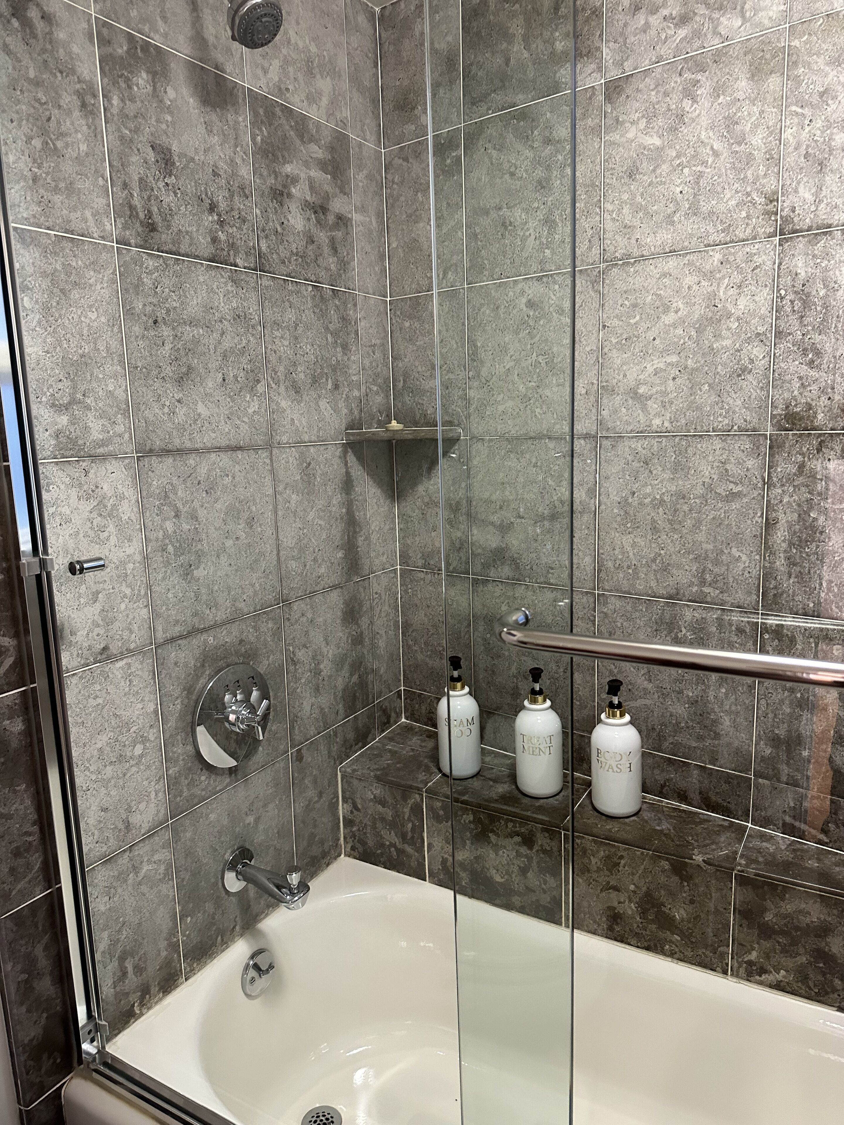 Combined shower/bathtub, hair dryer, towels, soap