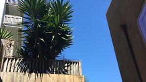 A wooden fence with a palm tree in front of a building. - Luxury Modern Unit on Market St - w/Private Patio - Hot tub, Fire Pit, Lounge + (SF)