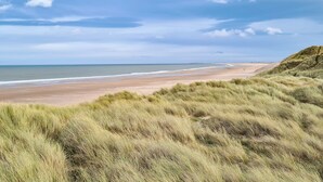 Una playa con dunas y cielo despejado.