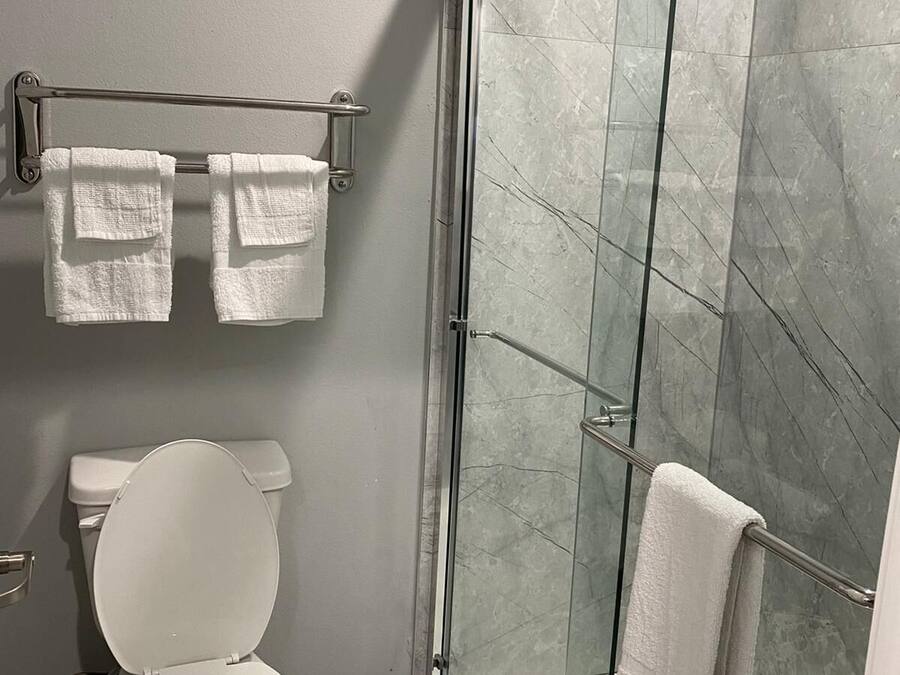 A bathroom with a toilet, a glass shower enclosure, and two towels hanging on a rack.