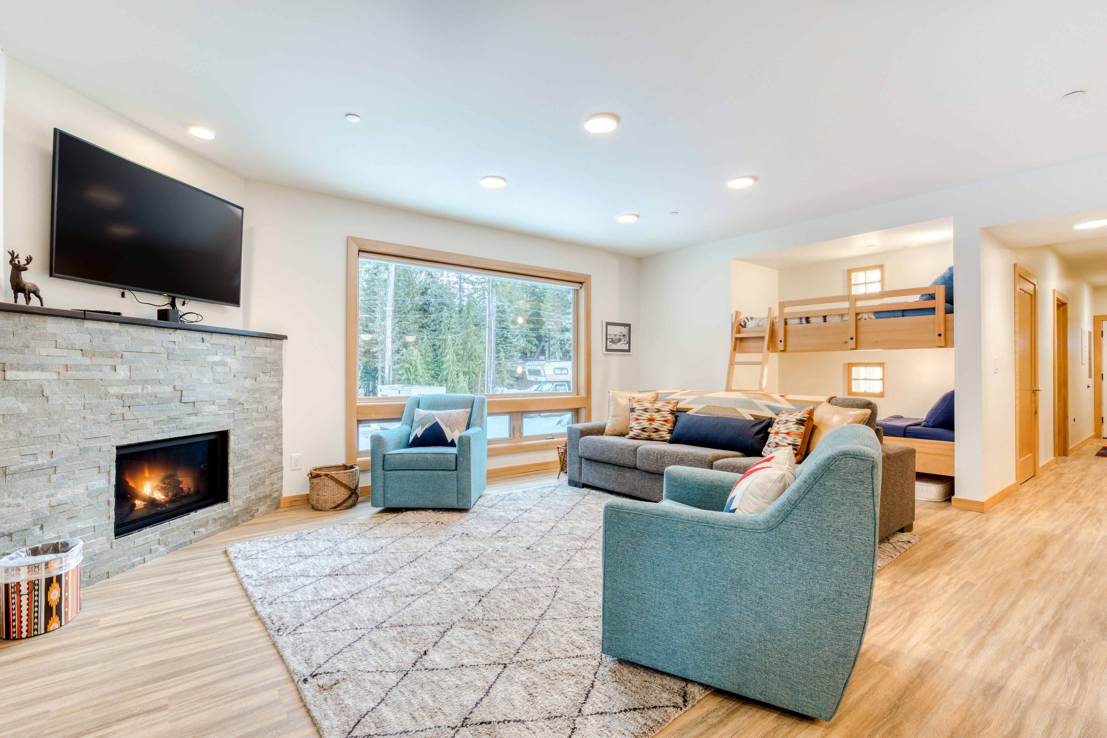 Televisión, chimenea, libros