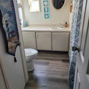 Combined shower/bathtub, hair dryer, towels, soap