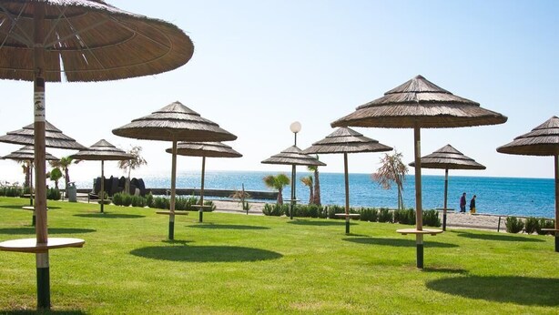 Un espace aménagé au bord de la plage, avec des parasols et des tables en chaume, une vue dégagée sur la mer et un sentier menant à la plage.