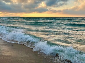 On the beach, sun-loungers, beach towels -  Lake MI Private Beach; fireplace, Sunsets. Close to Fishtown & Sleeping Bear (Lake Leelanau)