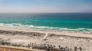 Una playa con vista despejada al océano, una orilla arenosa y algunas palmeras.