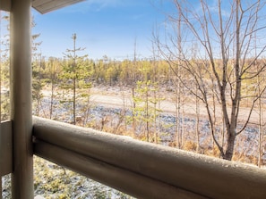 A view from a window with a wooden railing, overlooking a forested area with snow on the ground.