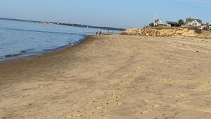 A sandy beach with a few people walking, a clear sky, and houses in the background.