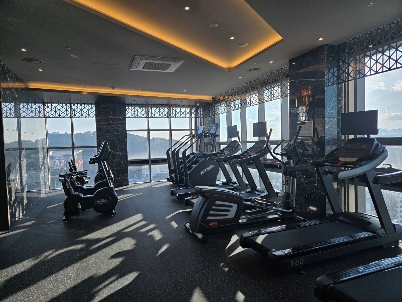 A gym with treadmills, elliptical machines, and a stationary bike, large windows with a city view, and a modern design with a marble floor.