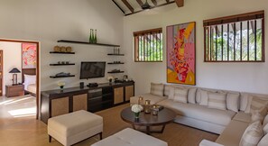Flat-screen TV, books, music library, stereo