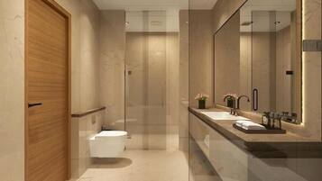 Shower, rainfall showerhead, slippers, towels