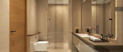 Shower, rainfall showerhead, slippers, towels