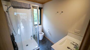 Shower, towels, soap, toilet paper