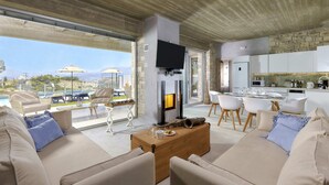 Een moderne woonkamer met een open haard, comfortabele zitplaatsen en uitzicht op de omgeving.