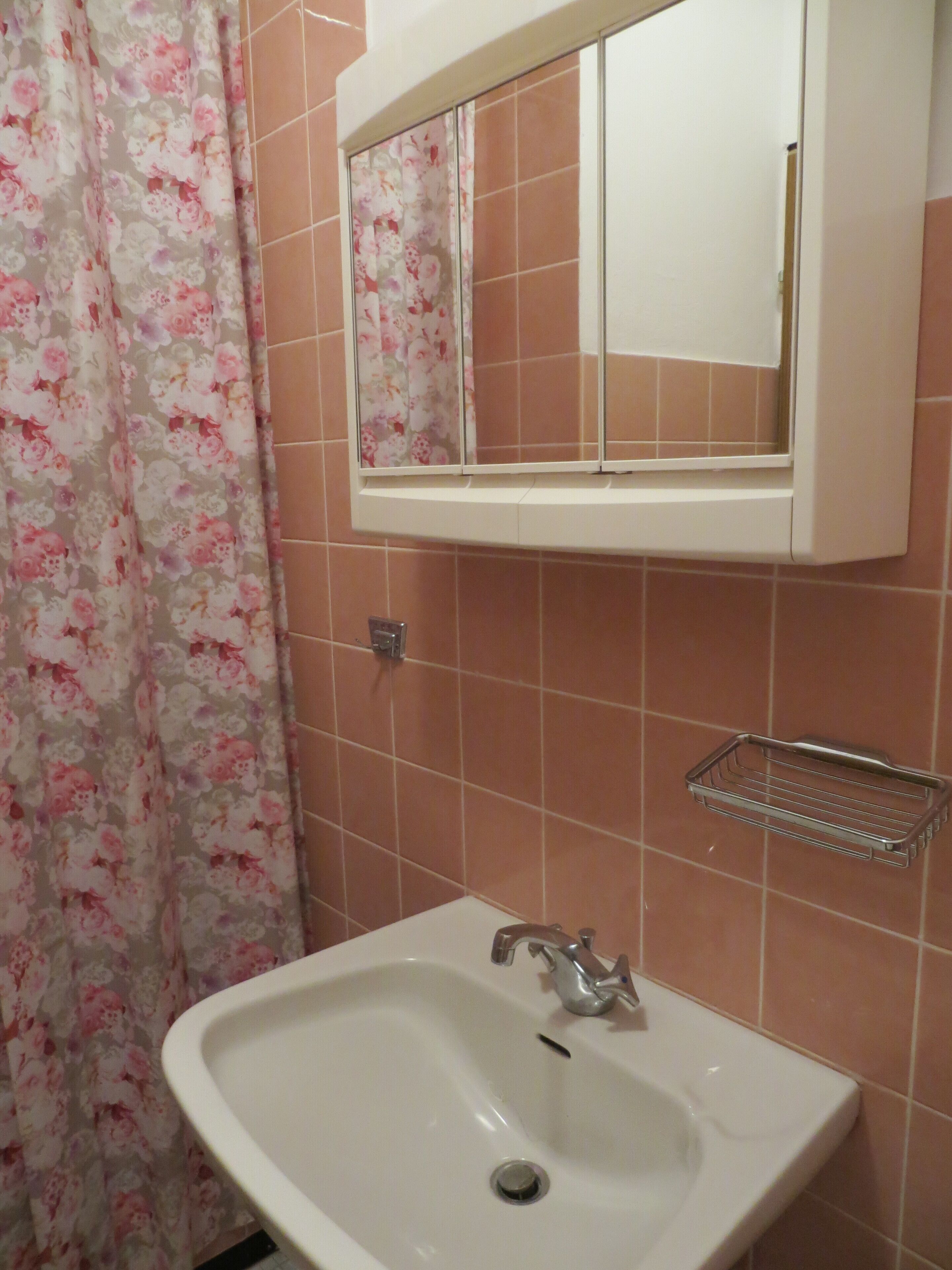 Un bagno con un lavandino bianco, uno specchio sopra e una tenda da doccia con motivo floreale.
