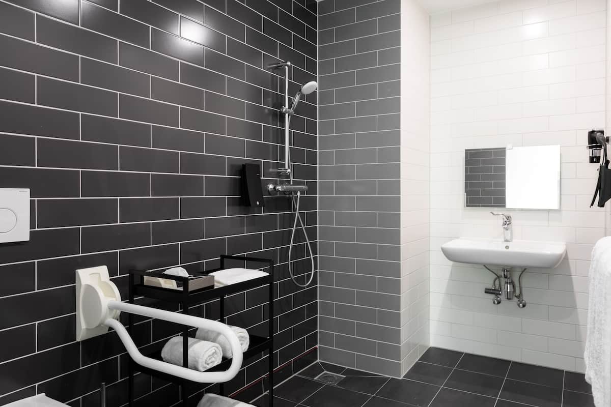 shower, rainfall showerhead, free toiletries, hair dryer