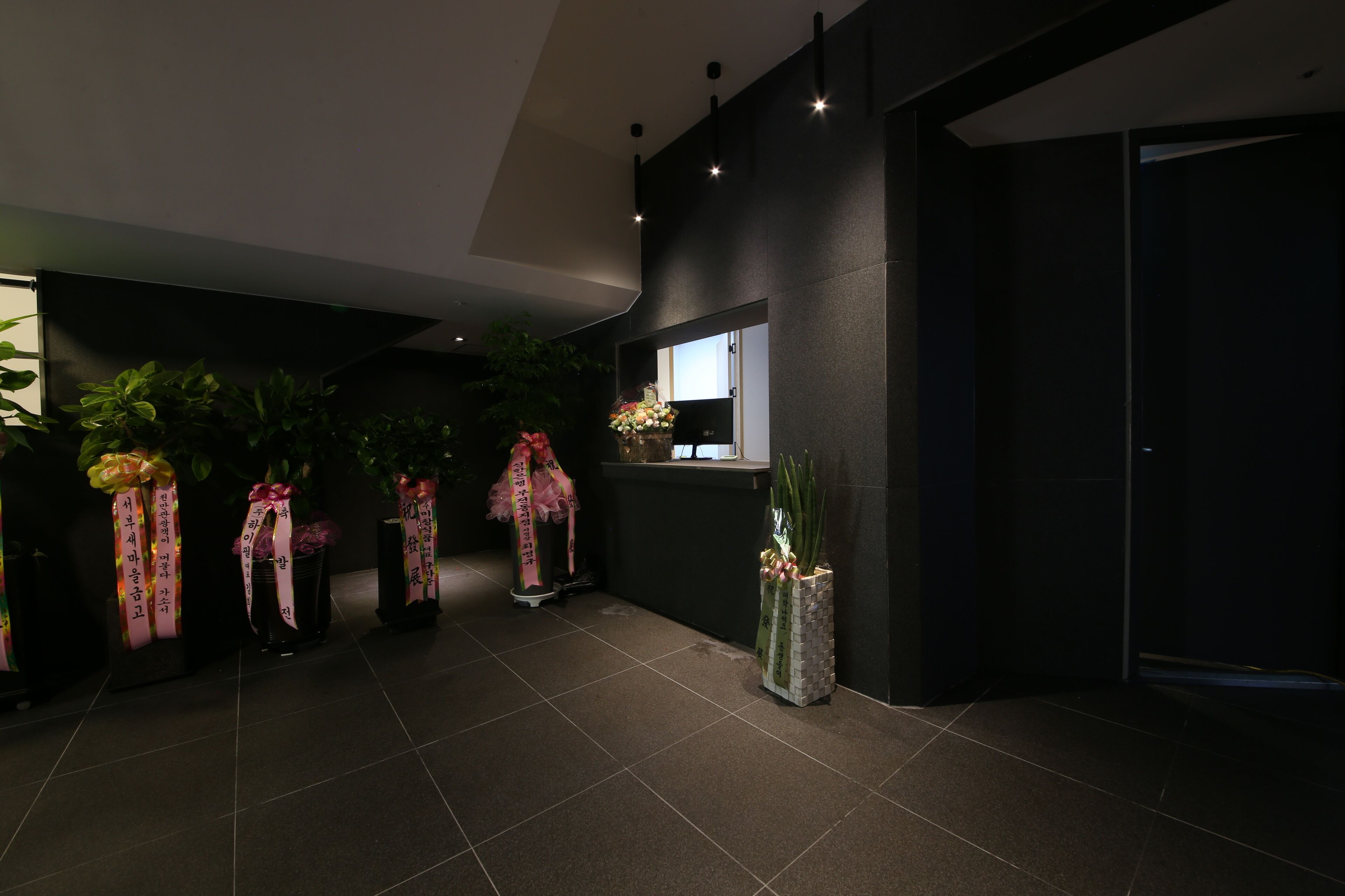 Un hall d’entrée moderne avec des murs sombres, un comptoir d’accueil et plusieurs plantes en pot décorées de rubans.