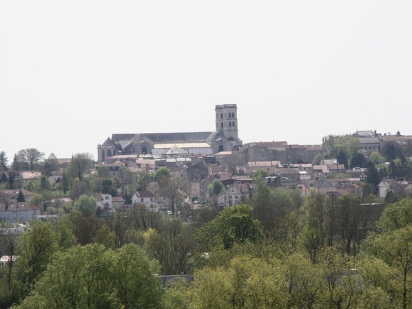 A historic town with a prominent church featuring a bell tower, surrounded by residential buildings and lush greenery.