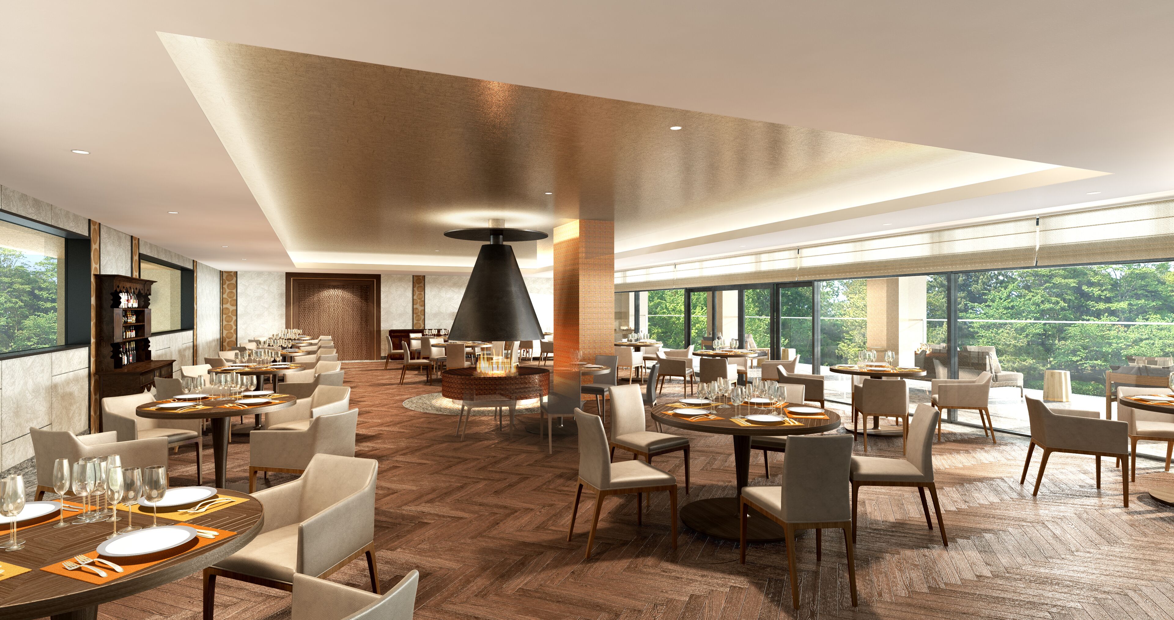 A spacious dining area with multiple round tables, chairs, and a central fire feature.
