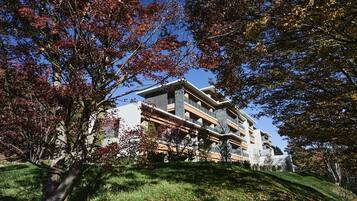 Un edifici modern d'alguns pisos amb teulada plana, envoltat d'arbres amb fulles d'automn.