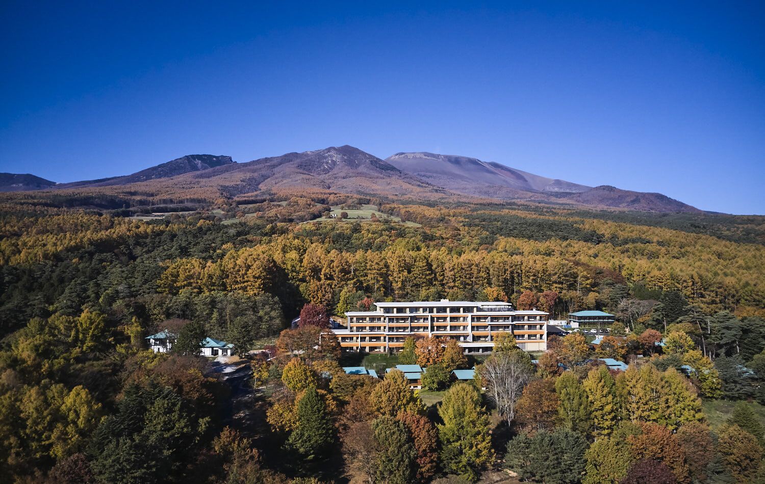 A multi-story hotel with a flat roof, surrounded by dense forest and mountains in the background.
