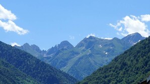 Eine gebirgige Landschaft mit dichten grünen Wäldern und wolkenlosem, blauem Himmel.
