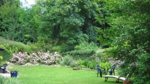 A lush garden with a grassy lawn, a bench, and a variety of flowering plants.